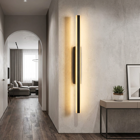 IP65 linear LED wall lamp mounted indoors glowing softly
